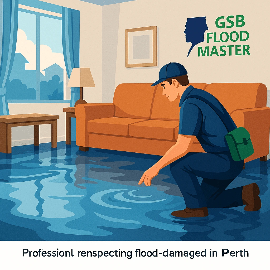 Flood damage restoration expert inspecting room