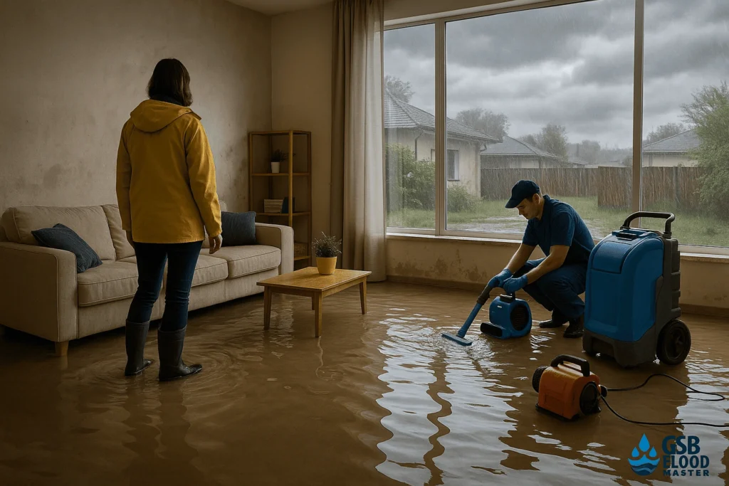 Flooded Perth home after storm with water damage cleanup in progress