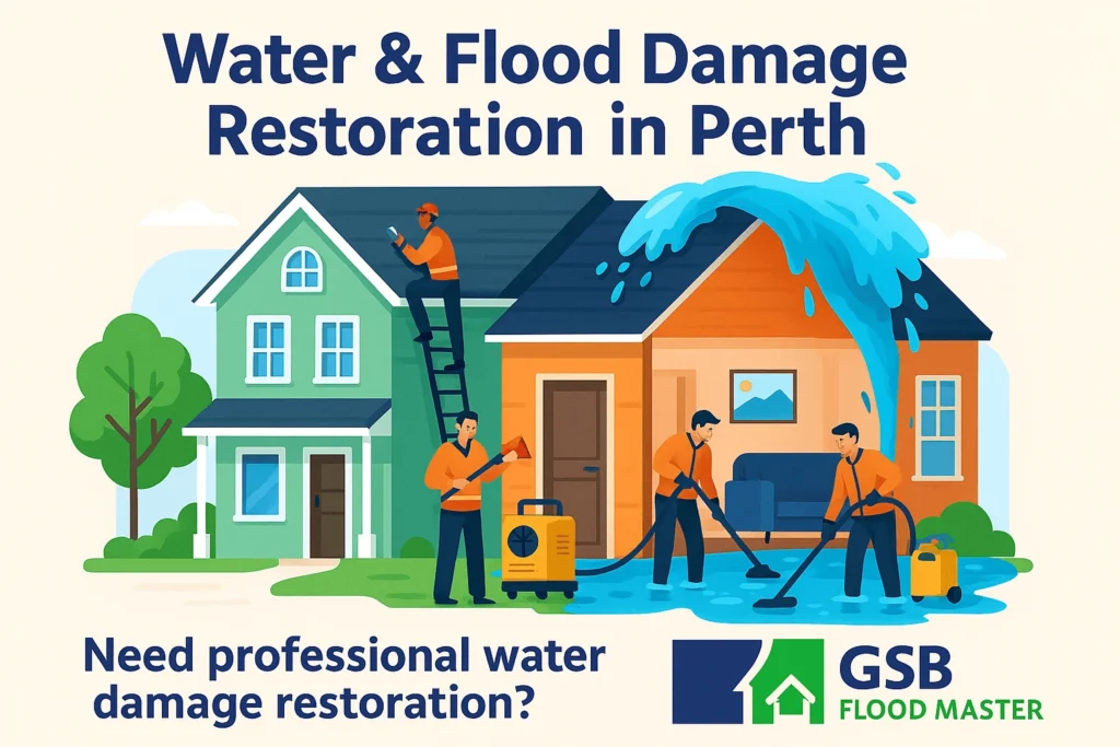 Water damage and flood restoration experts working on a Perth home