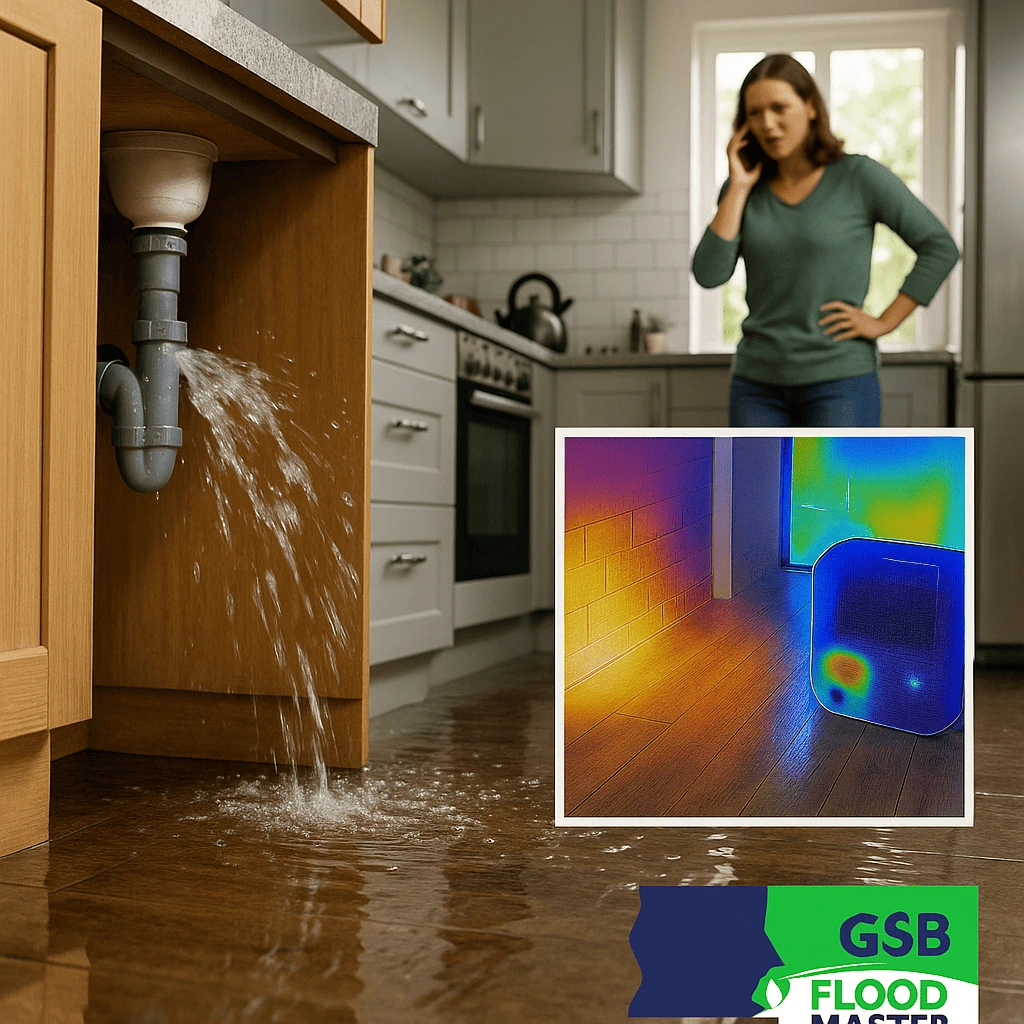 Flooded kitchen in Perth due to burst pipe, with water extraction underway.
