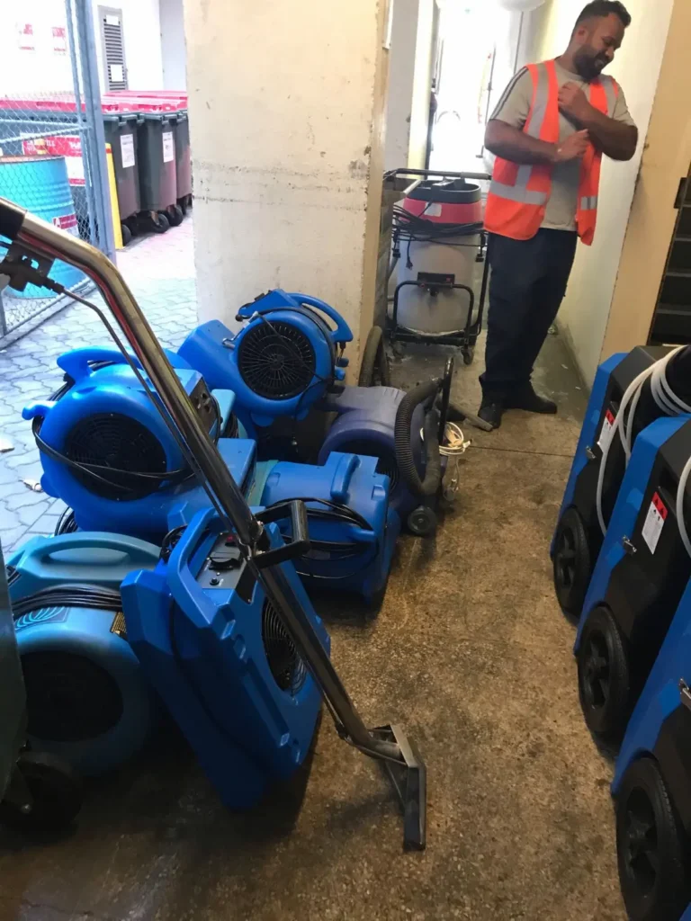 Flood damage restoration equipment set up in water damaged Perth unit