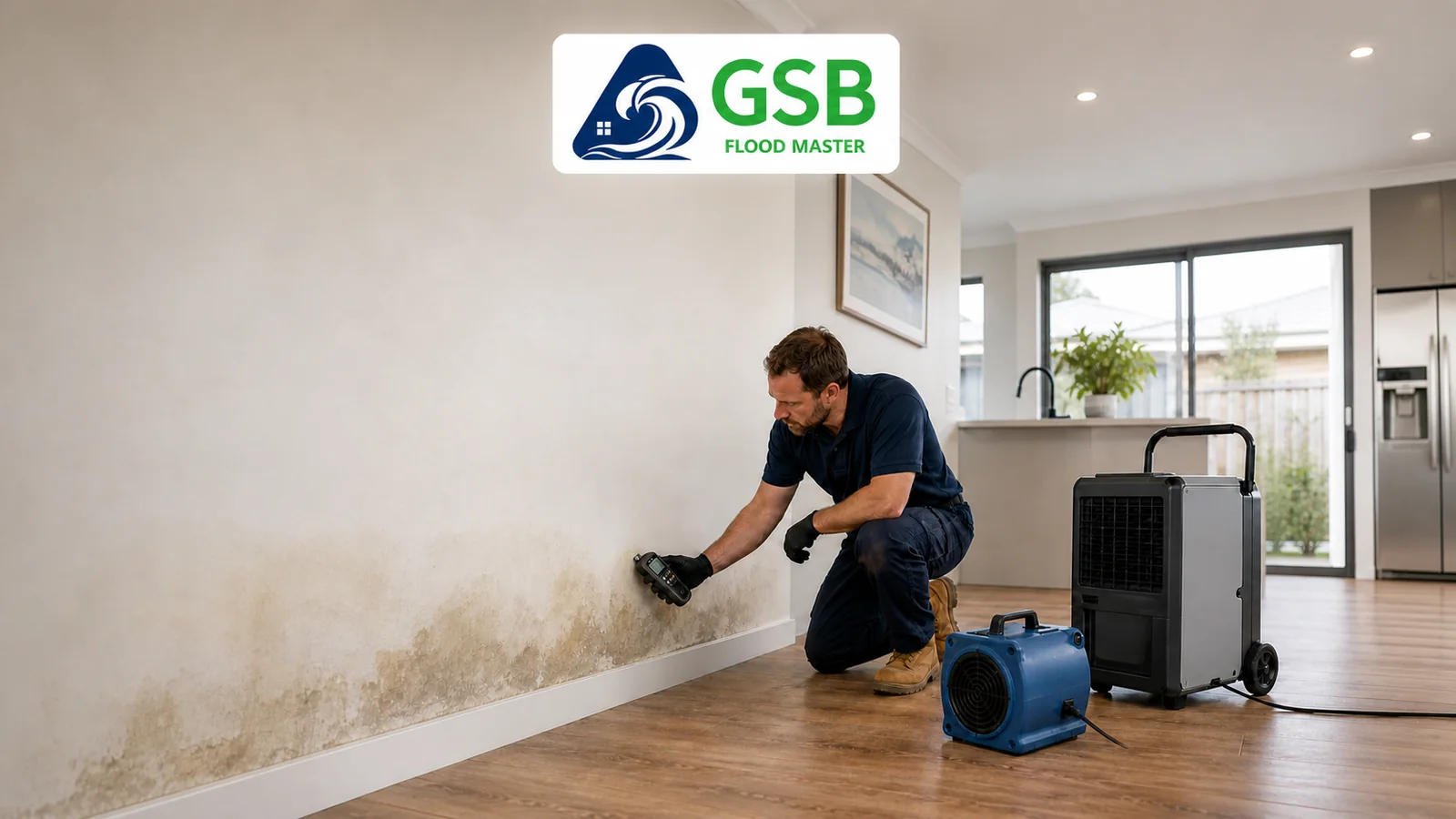 GSB Flood Master technician assessing water damage in a Perth home